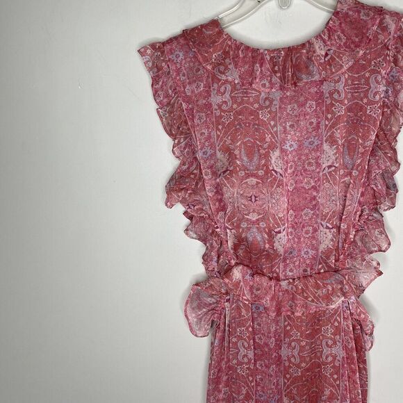 MISA Natasha Dress Womens Large Pink Floral Cut Out Midi Ruffle V-Neck Sheer - Picture 11 of 16